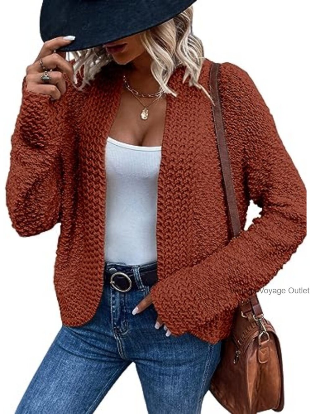 Chunky Knit Open Front Cardigan Long Sleeve Loose Fit Popcorn Sweater Coat